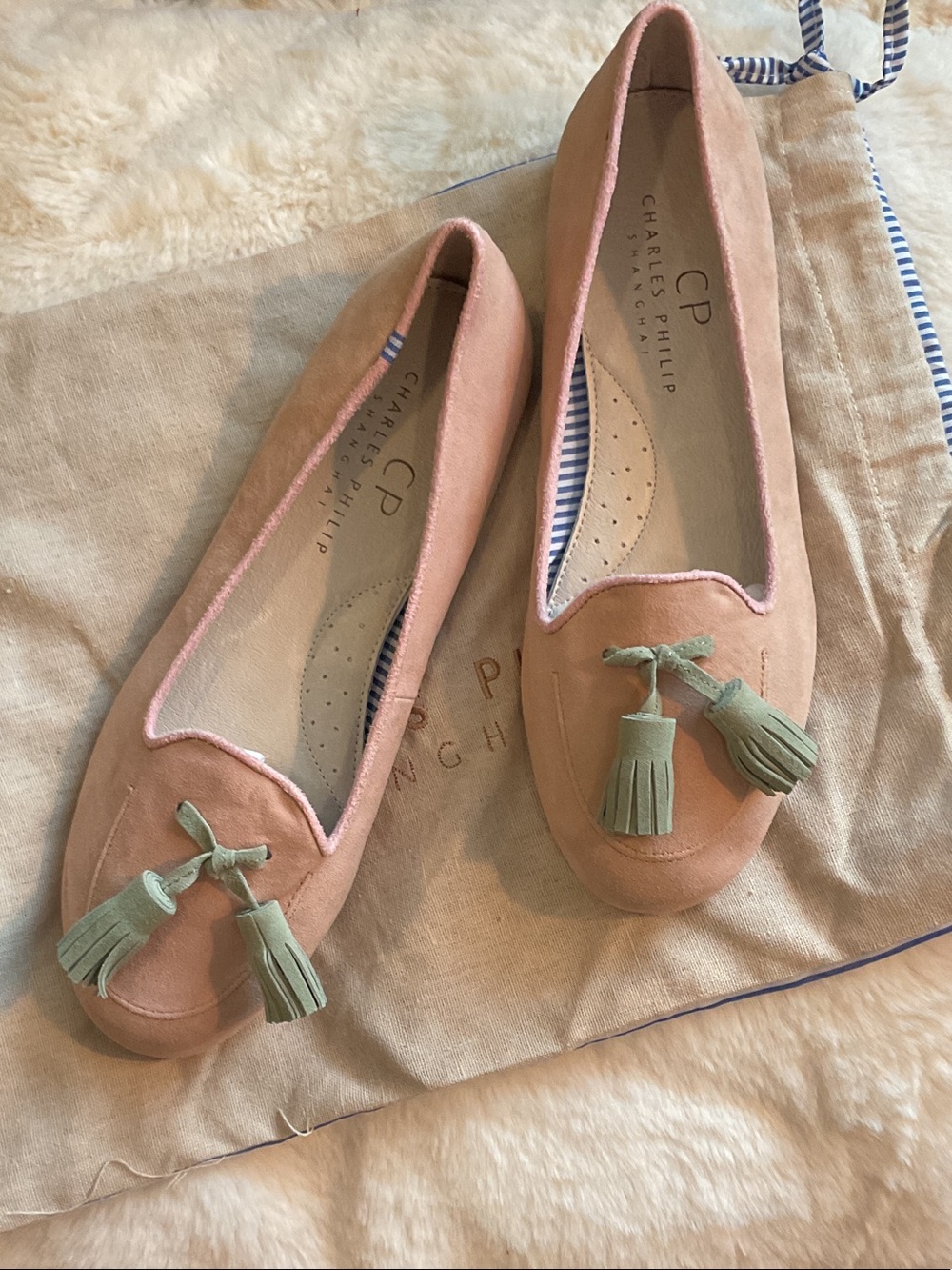 Charles Philip Pink Suede Tassel Loafers with Mint Accents